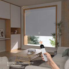 Boolegon Motorized Roller Blinds with Remote Control, Blackout Linen Fabric-Matched Automatic Roller Shades for Windows, Rechargeable Electric Window Shades for Home