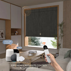 Boolegon Motorized Roller Blinds with Remote, No Drill Smart Roller Shades, Blackout Linen Fabric Rechargeable Electric Blinds for Home