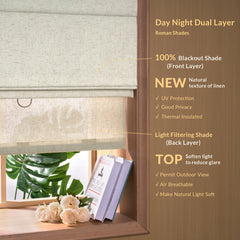Boolegon Dual Roman Shades, Day Night 2 in 1 Cordless Roman Blinds, Double Window Shades for Home
