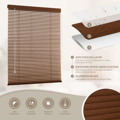 Boolegon 1 Inch Cordless Aluminum Faux Wood Blinds for Windows Waterproof Light Filtering Mini Blinds Horizontal Window Blinds for Privacy Ventilation Home Office, Custom Size