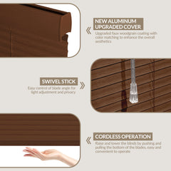 Boolegon 1 Inch Cordless Aluminum Faux Wood Blinds for Windows Waterproof Light Filtering Mini Blinds Horizontal Window Blinds for Privacy Ventilation Home Office, Custom Size
