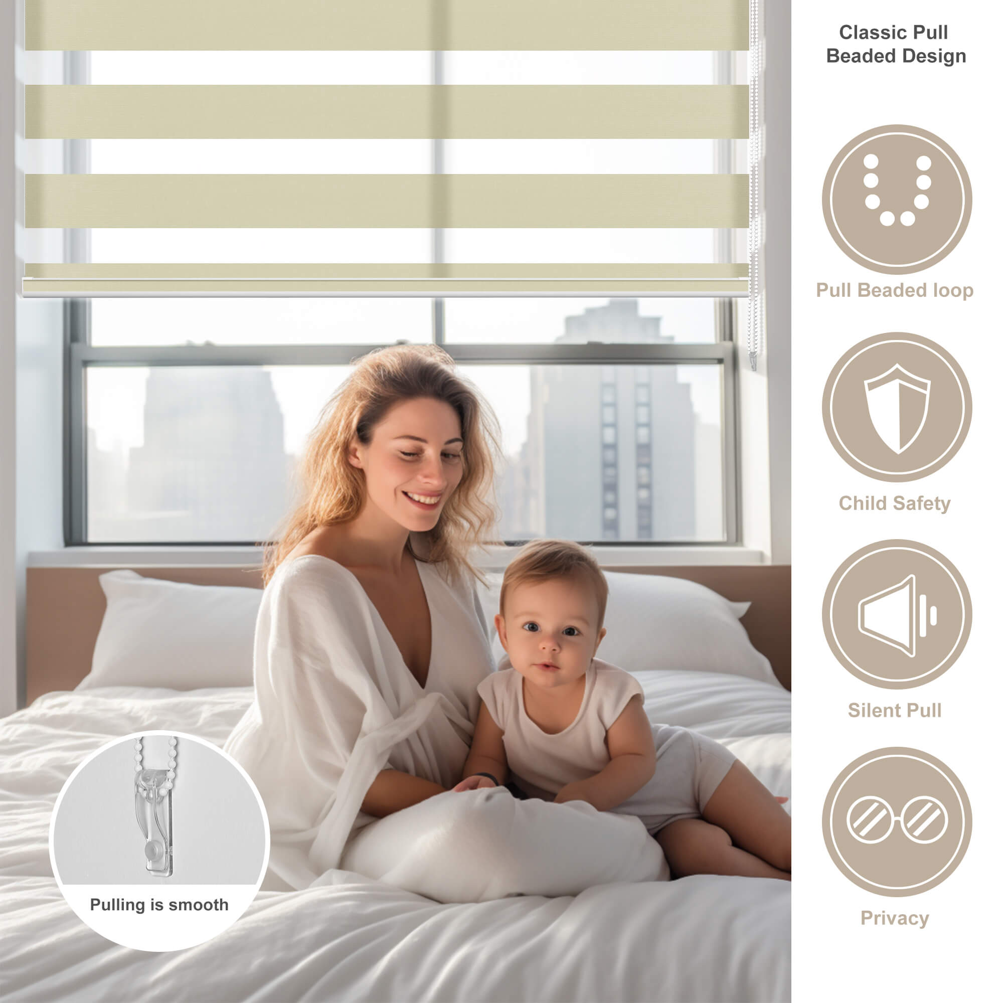 Custom-Cut Zebra Blinds For Windows – Light Filtering Shades, Child-Safe With Chain Tensioner, White (Choose Your Exact Size)